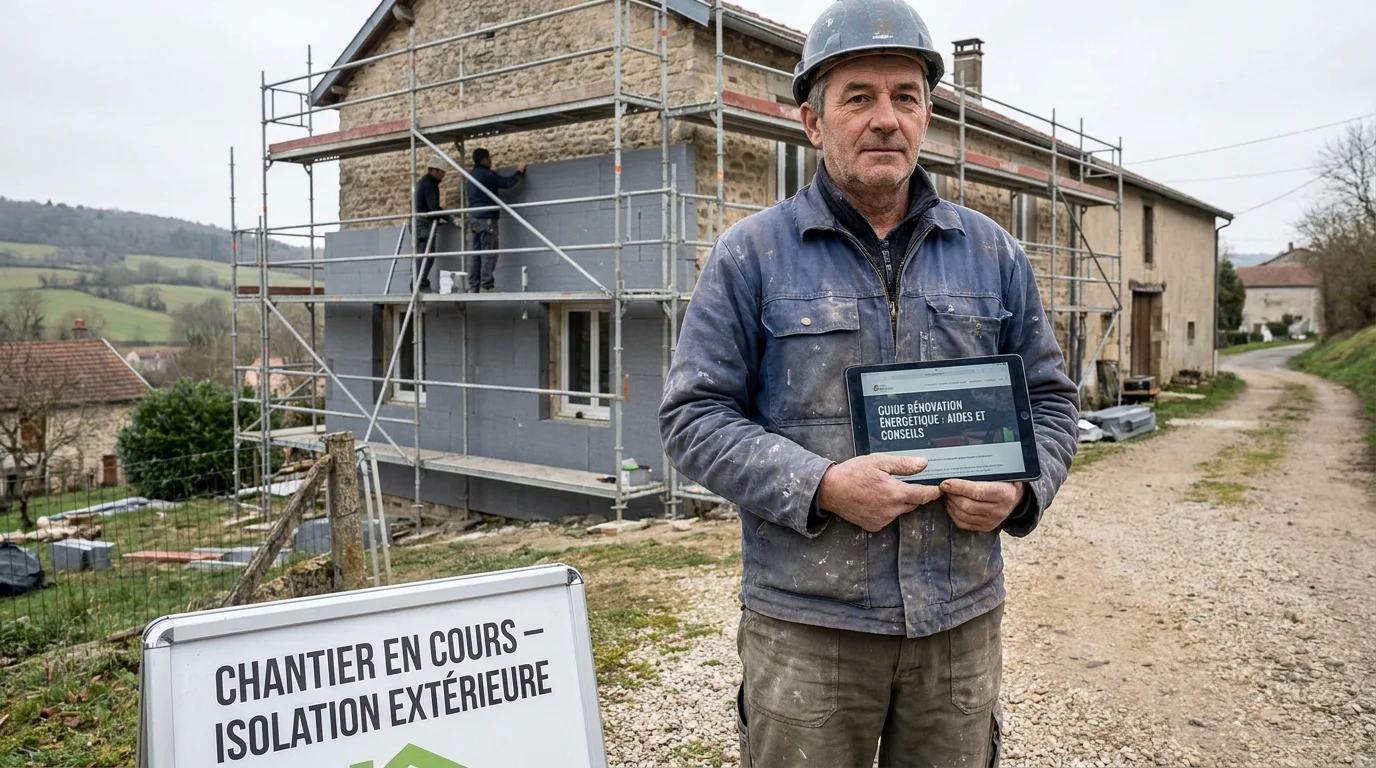 Artisan consultant son site internet professionnel sur une tablette devant un chantier de rénovation