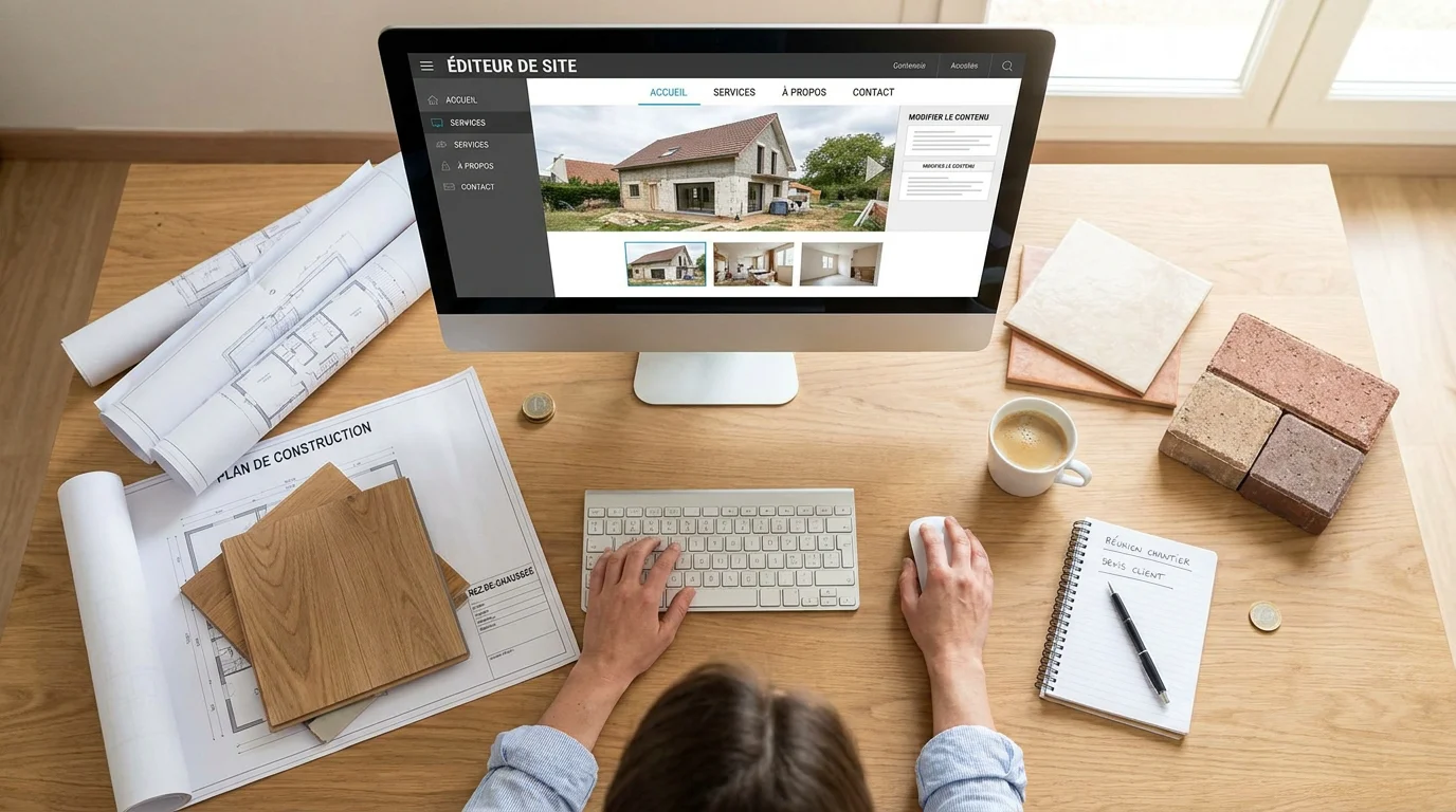 Bureau d'artisan avec écran affichant l'édition d'un site internet professionnel