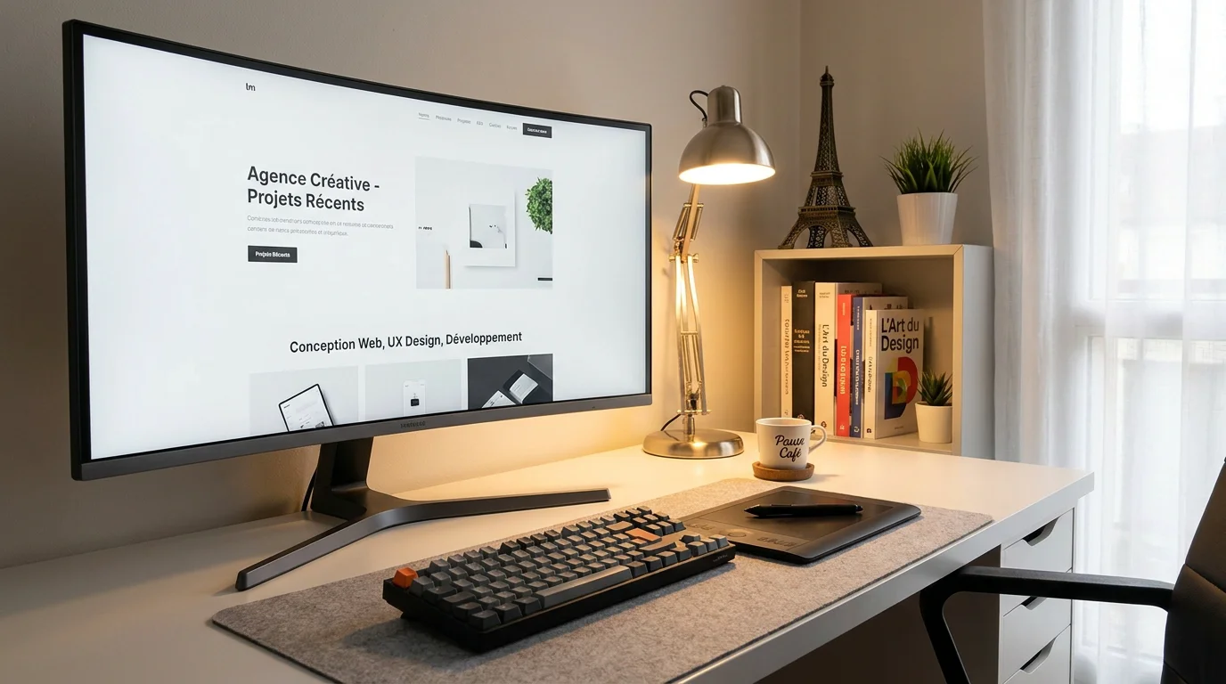 Espace de travail de création de site internet WordPress avec écran et outils de design