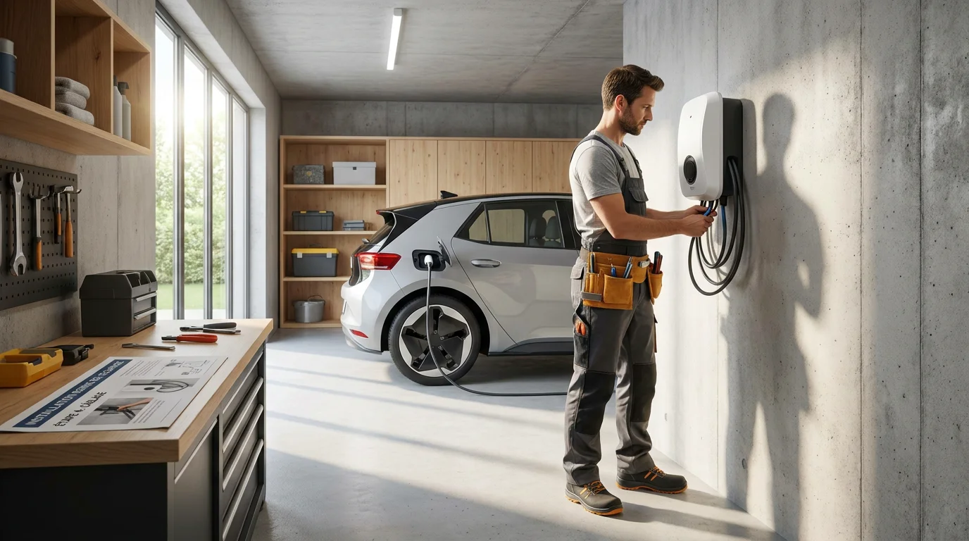 Installateur IRVE posant une borne de recharge dans un garage résidentiel en France