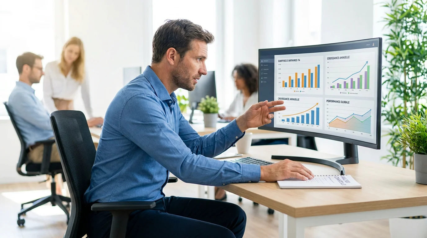 Professionnel analysant ses performances commerciales et son ROI sur un tableau de bord