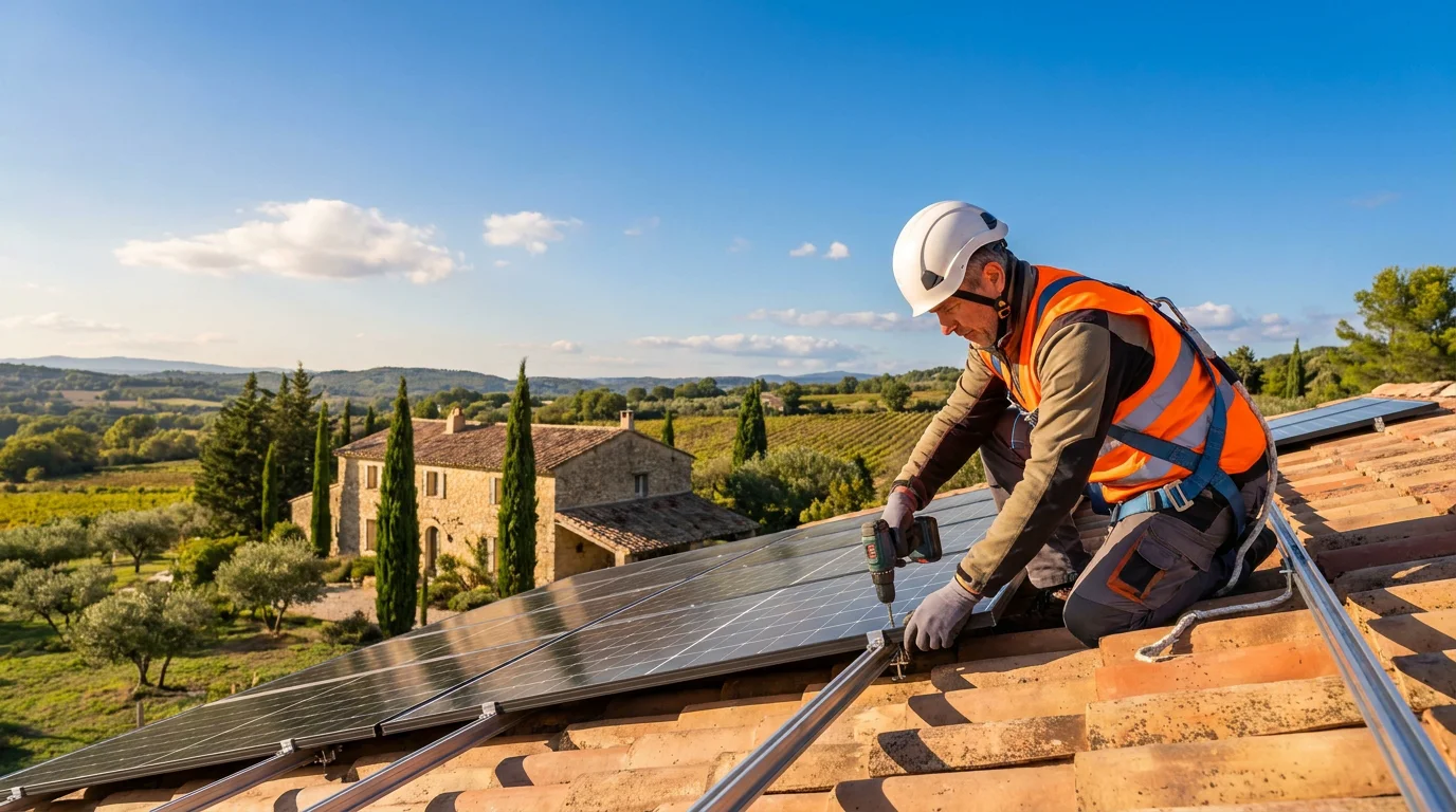 Technicien européen installant des panneaux solaires sur une toiture résidentielle en France