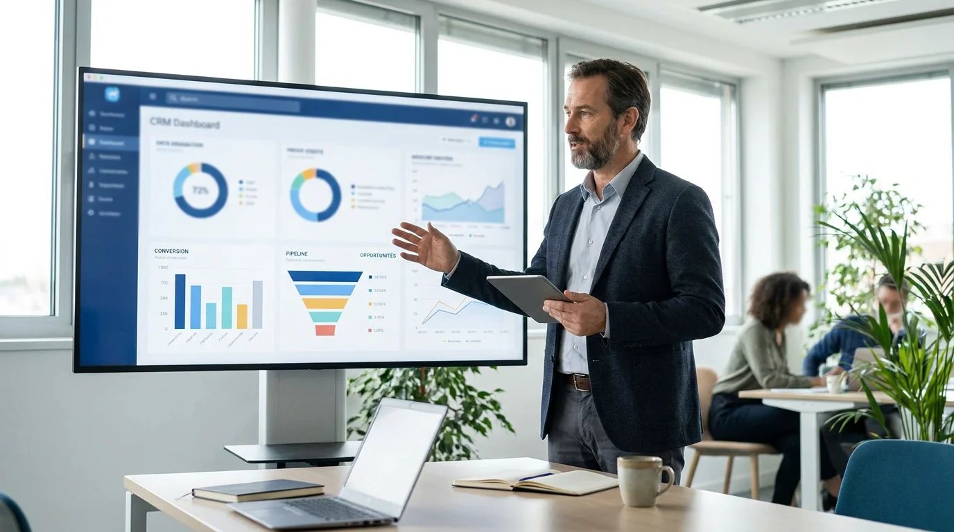 Professionnel européen analysant un tableau de bord CRM de suivi des leads solaires