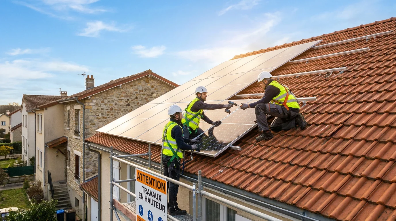 Installateurs de panneaux photovoltaïques sur un toit résidentiel en France