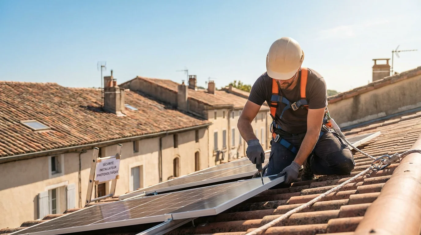 Installateur photovoltaïque sur un toit résidentiel en France