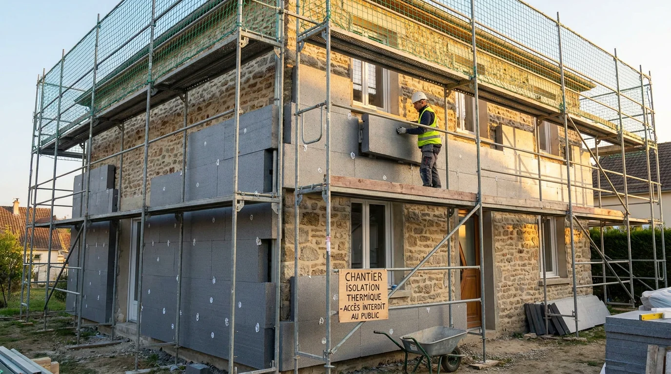 Façade de maison en cours d'isolation thermique par l'extérieur en France