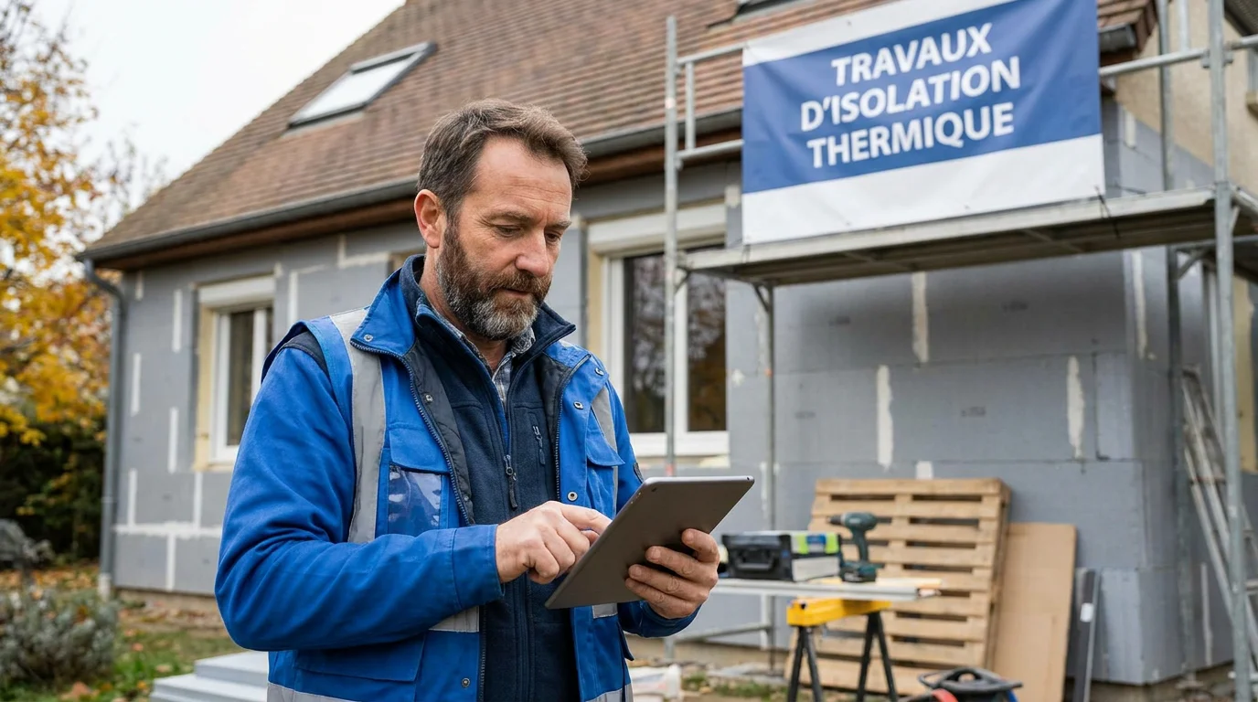 Artisan consultant les tarifs de leads isolation extérieure sur tablette devant un chantier ITE