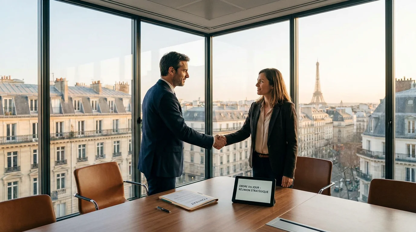 Professionnel européen serrant la main d'un client lors d'un rendez-vous commercial pour la génération de leads