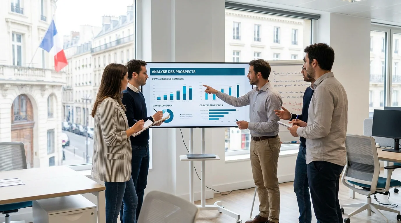 Équipe commerciale analysant un tableau de bord de génération de leads dans un bureau moderne