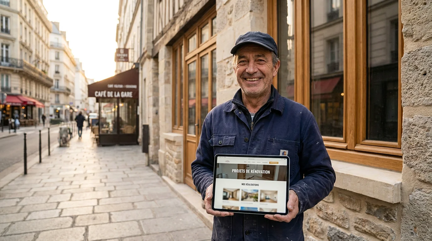 Artisan français devant un bâtiment rénové consultant son site internet sur tablette