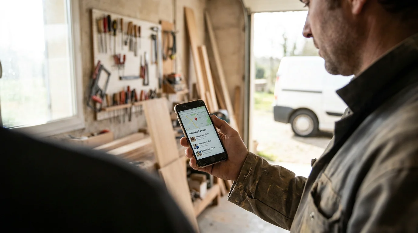 Recherche d'un artisan sur smartphone avec résultats locaux affichés