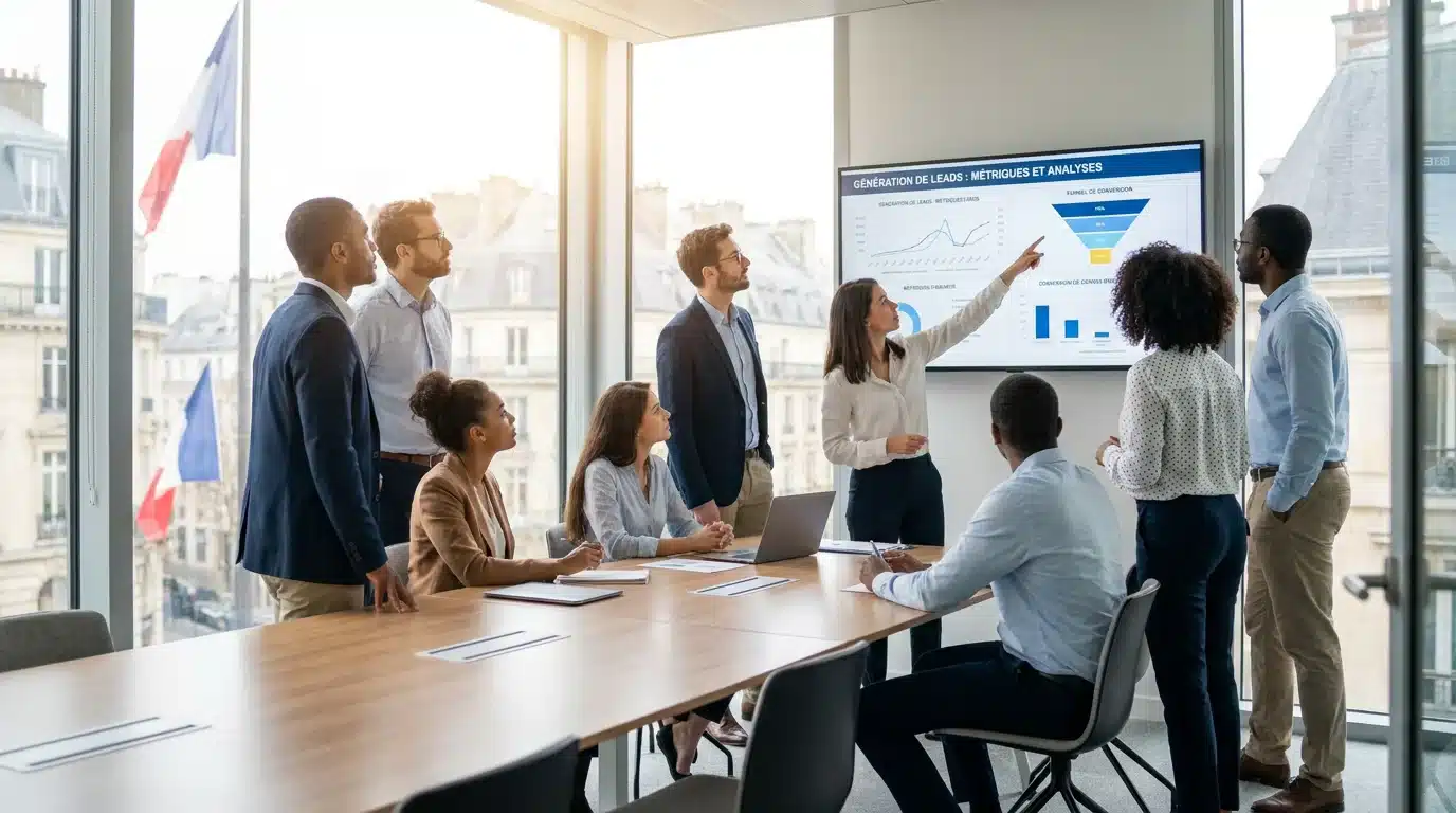 Équipe commerciale européenne analysant des indicateurs de génération de leads sur un tableau de bord digital