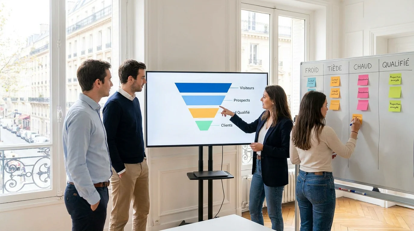Équipe commerciale analysant un tunnel de qualification de leads sur un écran dans un bureau moderne
