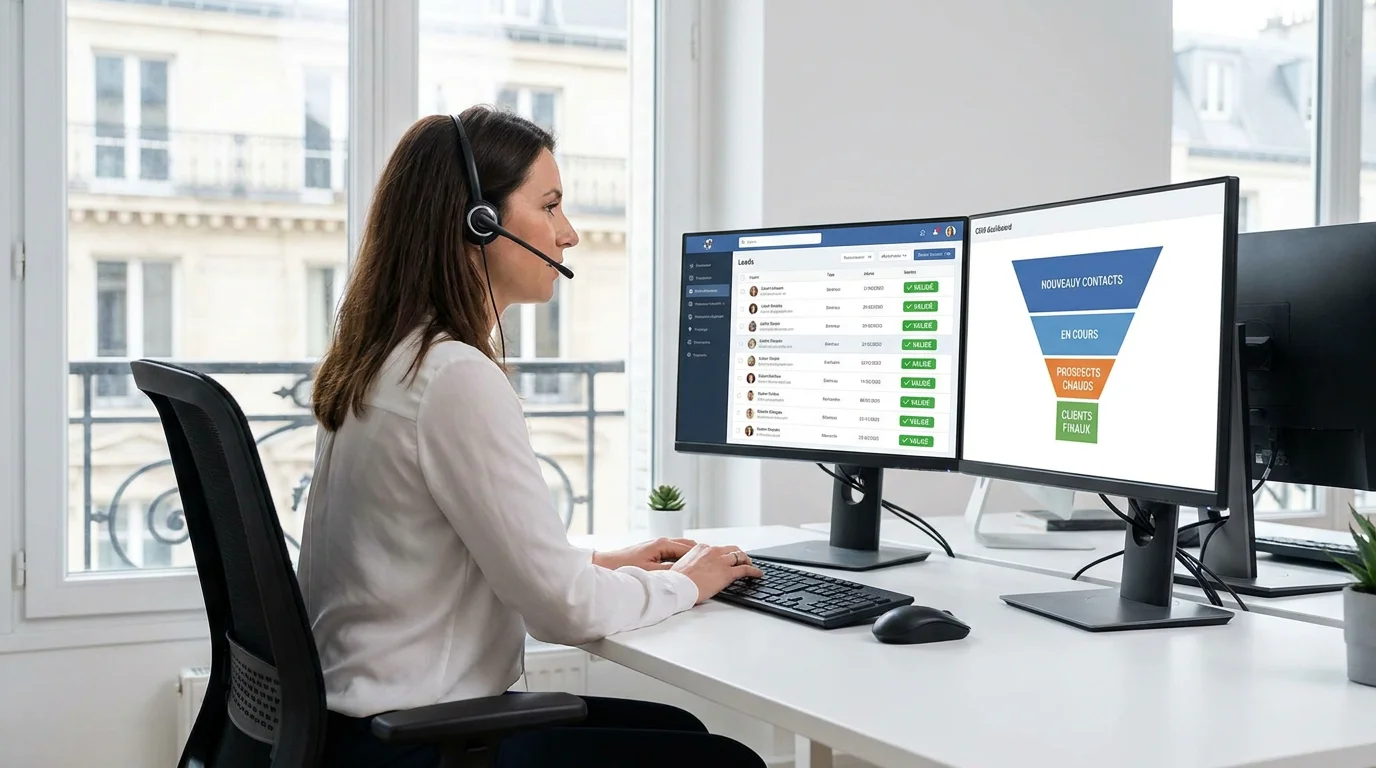 Professionnelle vérifiant la qualité des leads sur un écran avec des indicateurs de validation