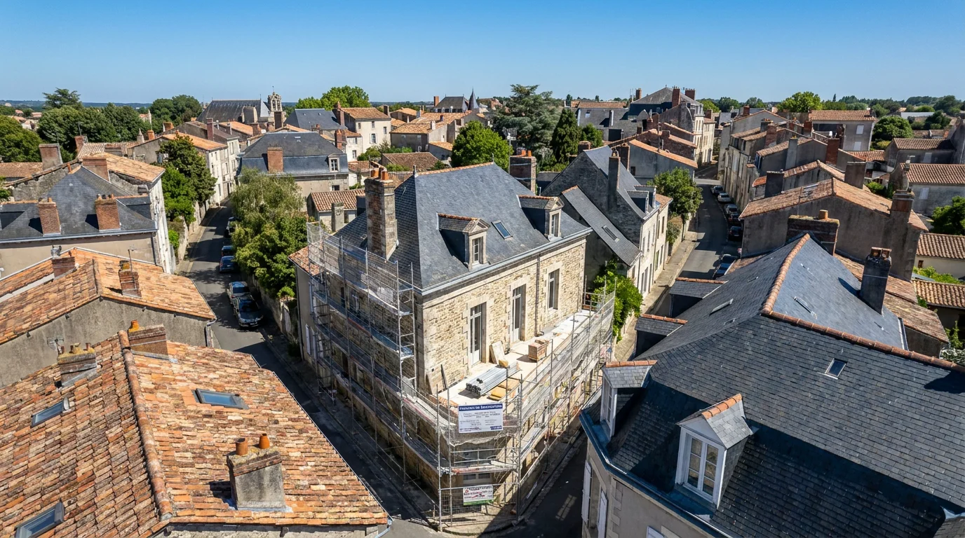 Vue aérienne de toitures résidentielles françaises avec des travaux de rénovation en cours