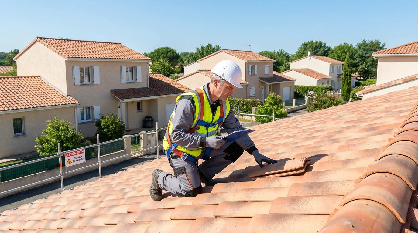Couvreur professionnel inspectant une toiture en tuiles dans un quartier résidentiel en France