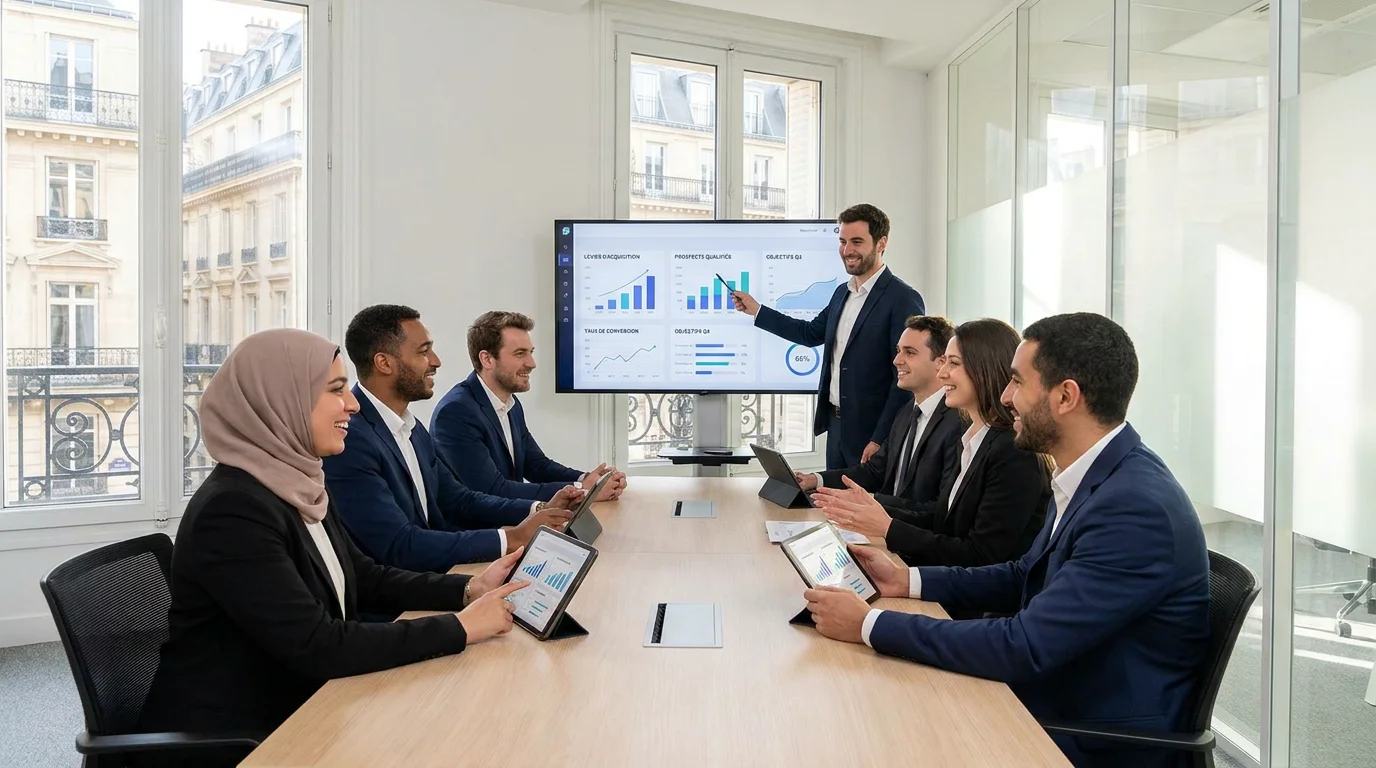 Équipe de professionnels de l'assurance analysant des données d'acquisition de leads mutuelle senior
