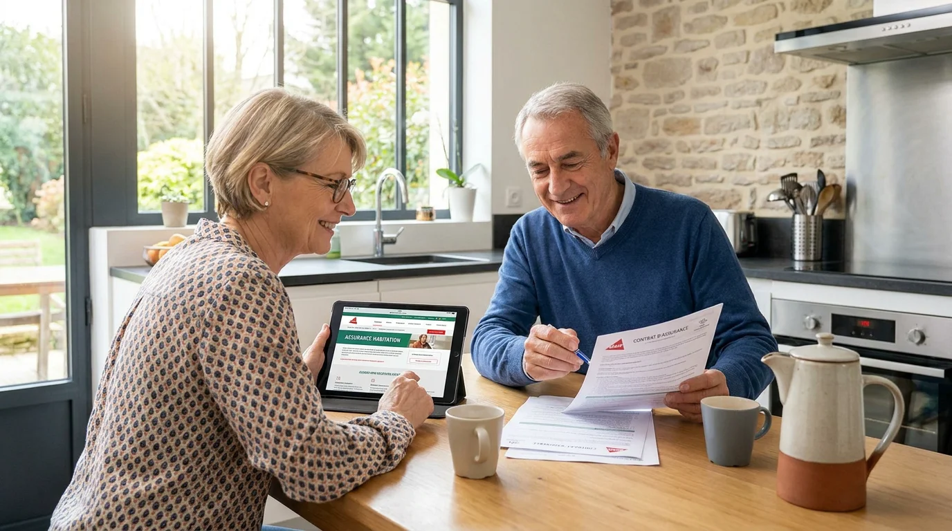 Couple senior consultant des offres de mutuelle sur une tablette dans leur cuisine