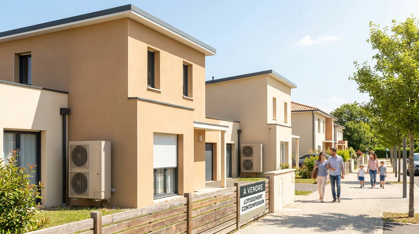 Quartier résidentiel français avec des pompes à chaleur installées sur les maisons