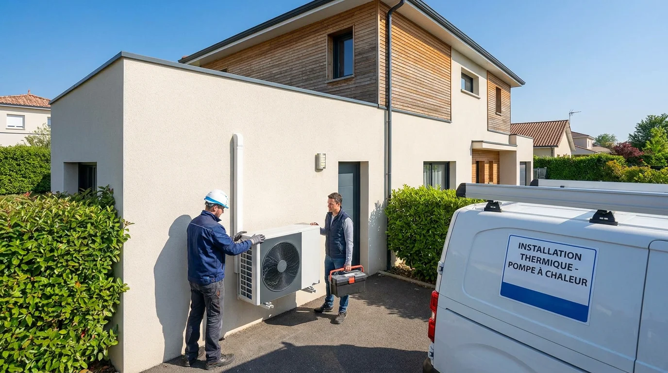 Installateur professionnel posant une pompe à chaleur sur une maison individuelle en France
