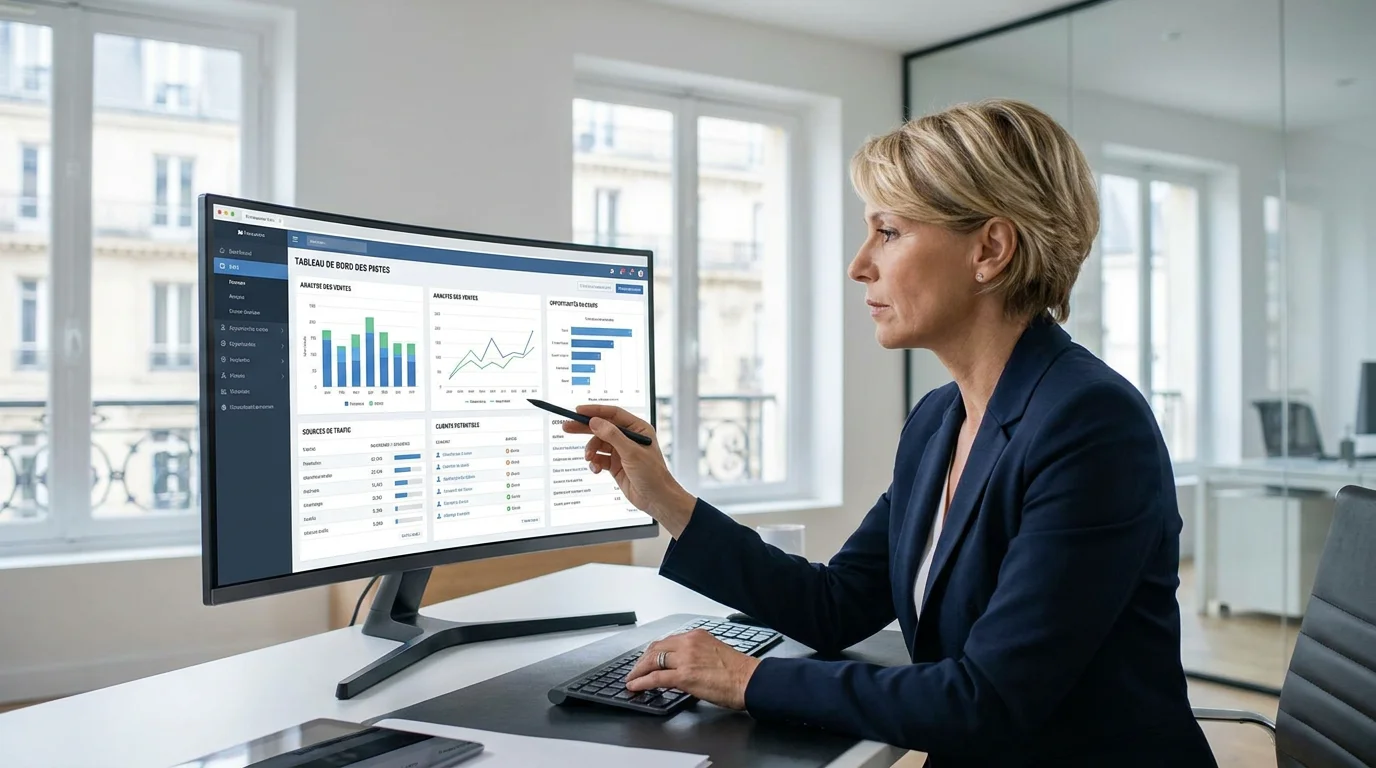Professionnel analysant des données de leads sur un tableau de bord CRM