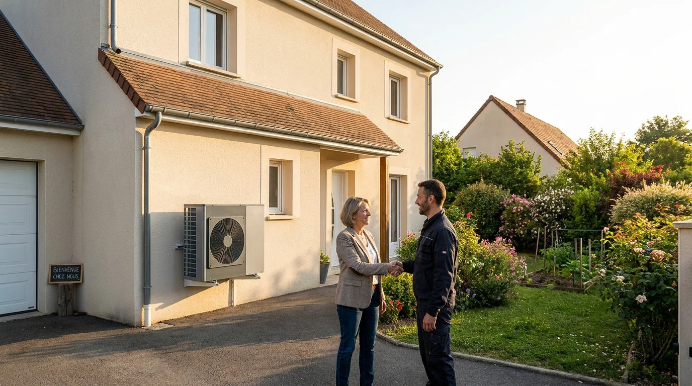 Installateur et propriétaire devant une maison équipée d'une pompe à chaleur en France