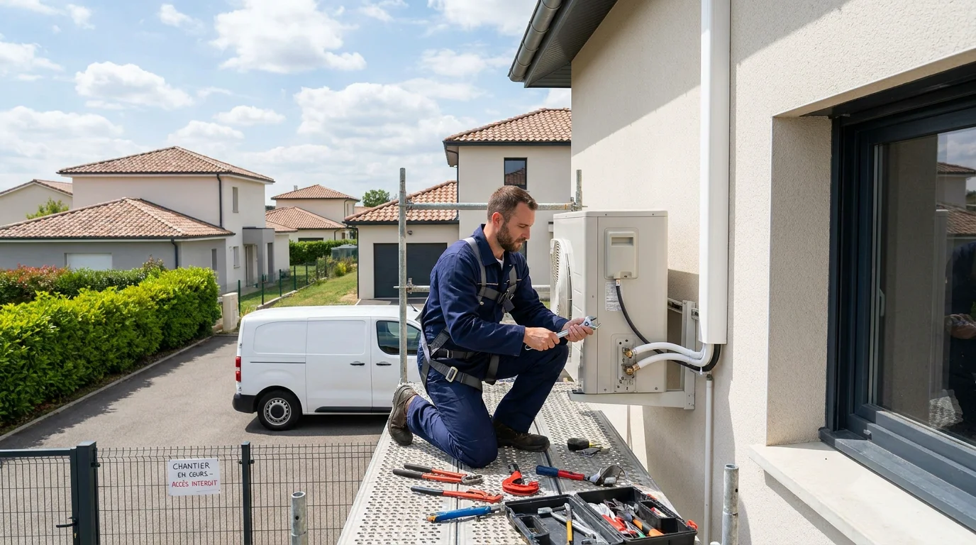 Installateur posant une pompe à chaleur sur la façade d'une maison en France