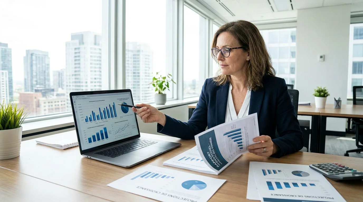 Professionnel analysant les performances de ses leads sur un écran et des rapports