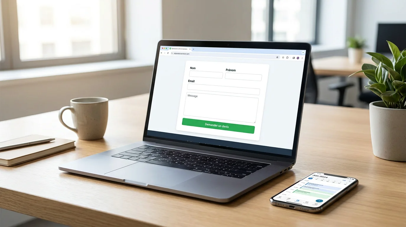 Écran d'ordinateur affichant un formulaire de demande de devis sur un site internet professionnel