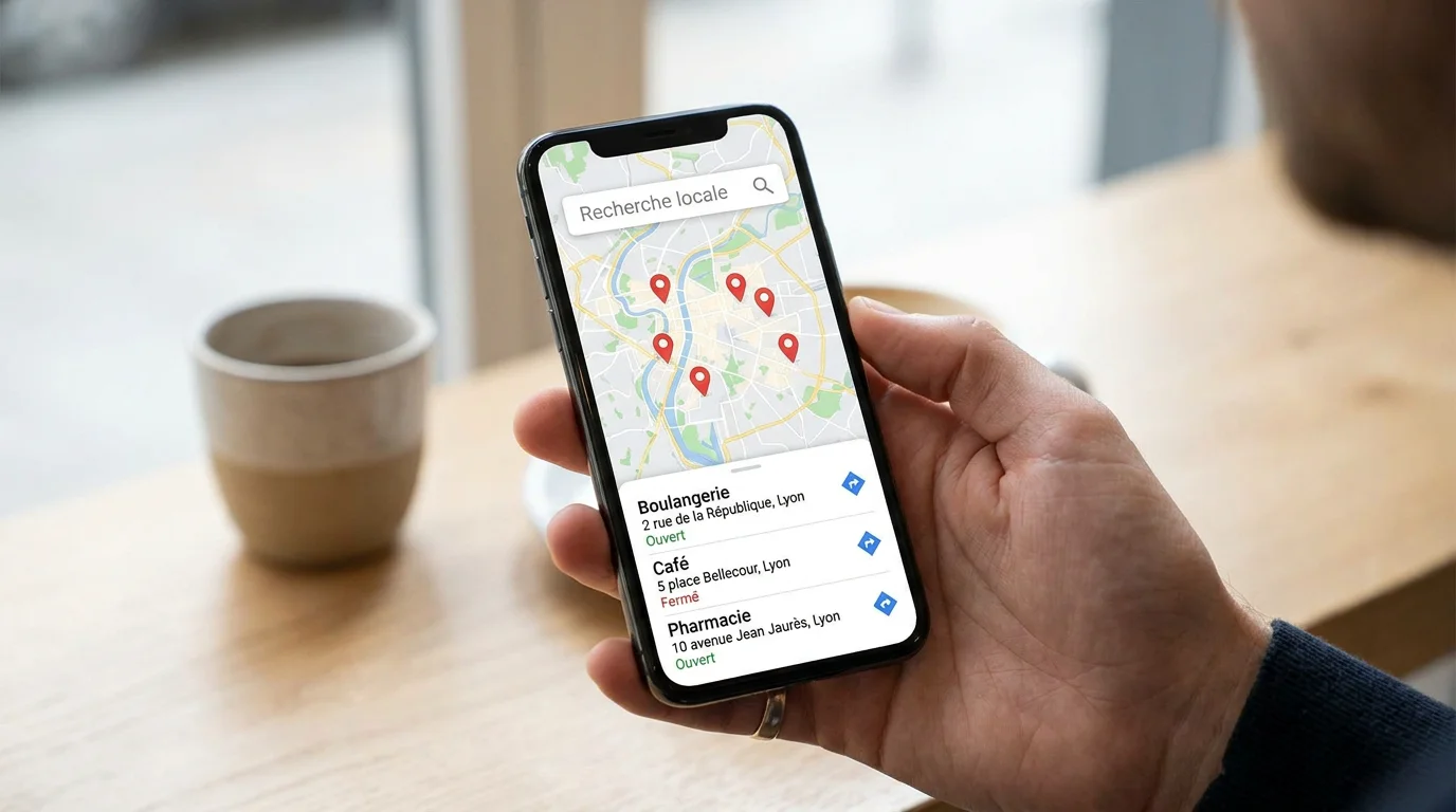 Smartphone affichant des résultats de recherche locale pour trouver un prestataire en France