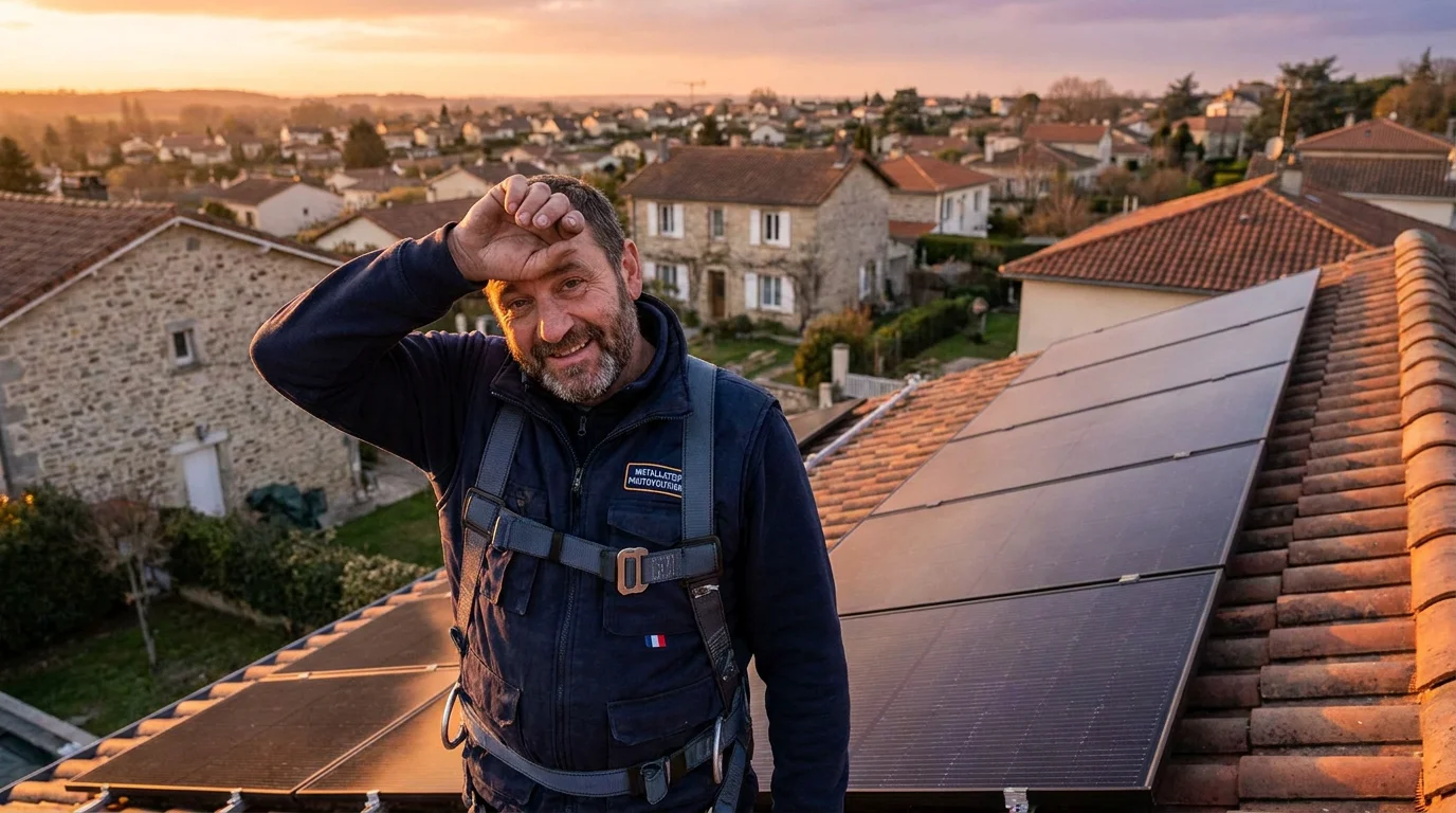 Installateur photovoltaïque professionnel sur un toit équipé de panneaux solaires en France