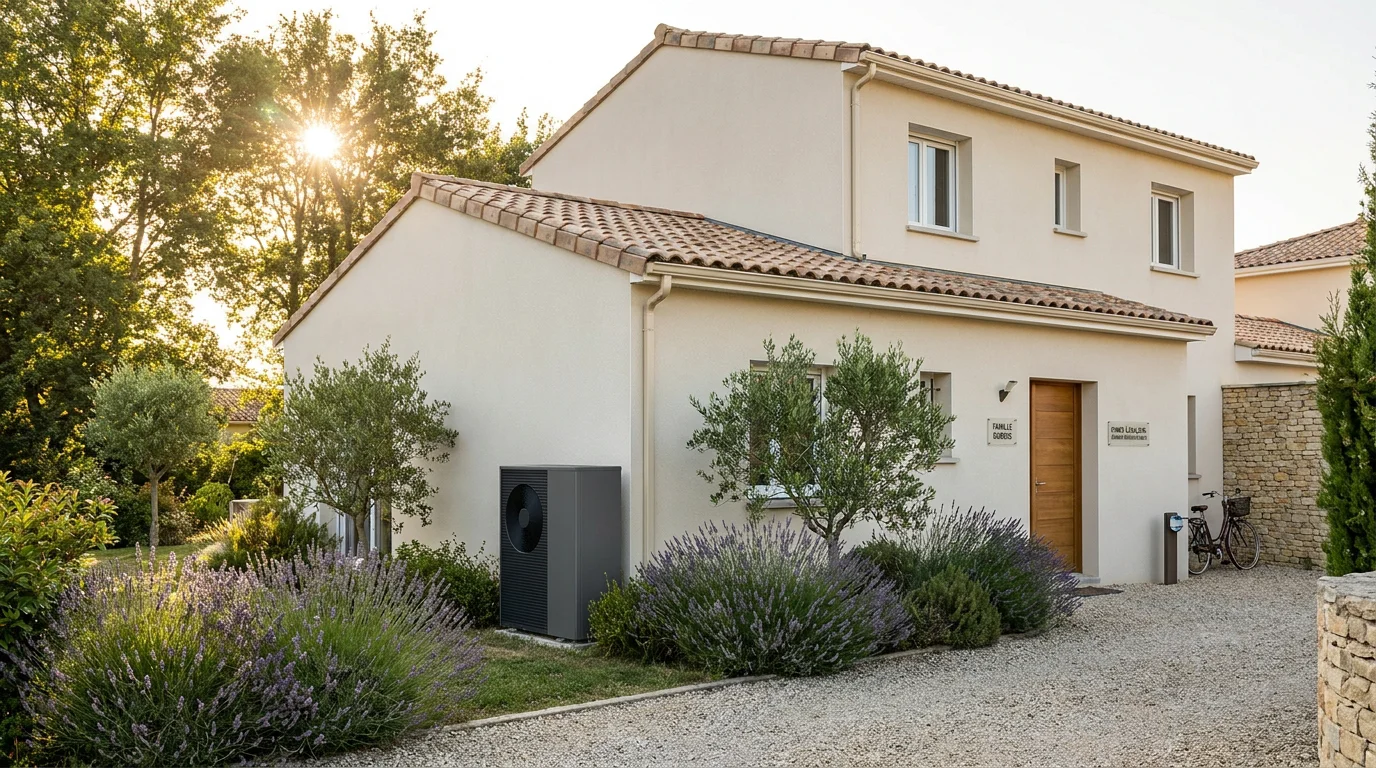 Maison française équipée d'une pompe à chaleur dans un quartier résidentiel verdoyant