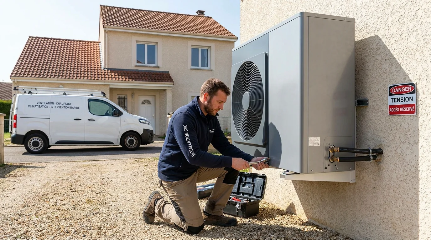 Installateur professionnel posant une pompe à chaleur air-eau sur une maison en France