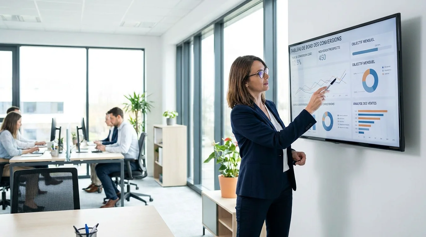 Professionnel analysant un tableau de bord de conversion de leads sur grand écran