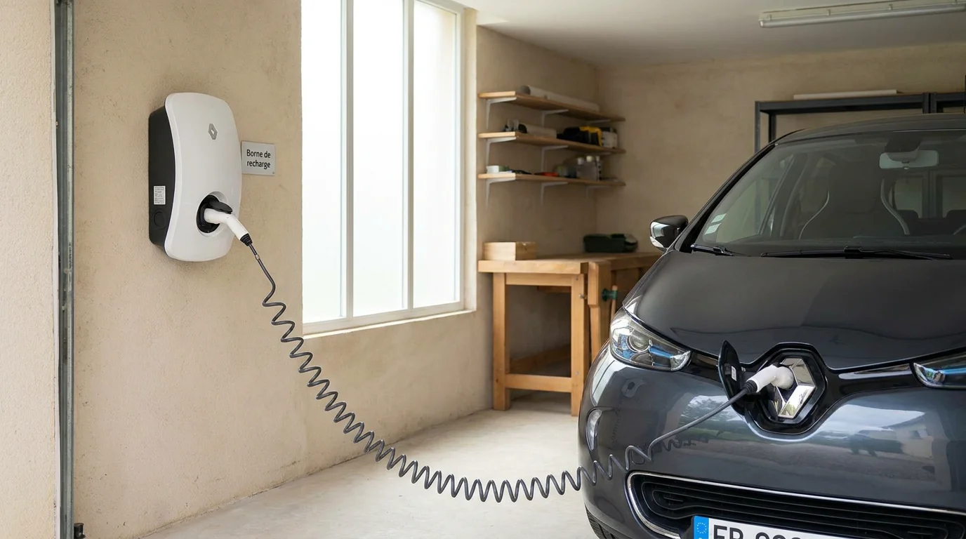 Borne de recharge résidentielle installée dans un garage en France