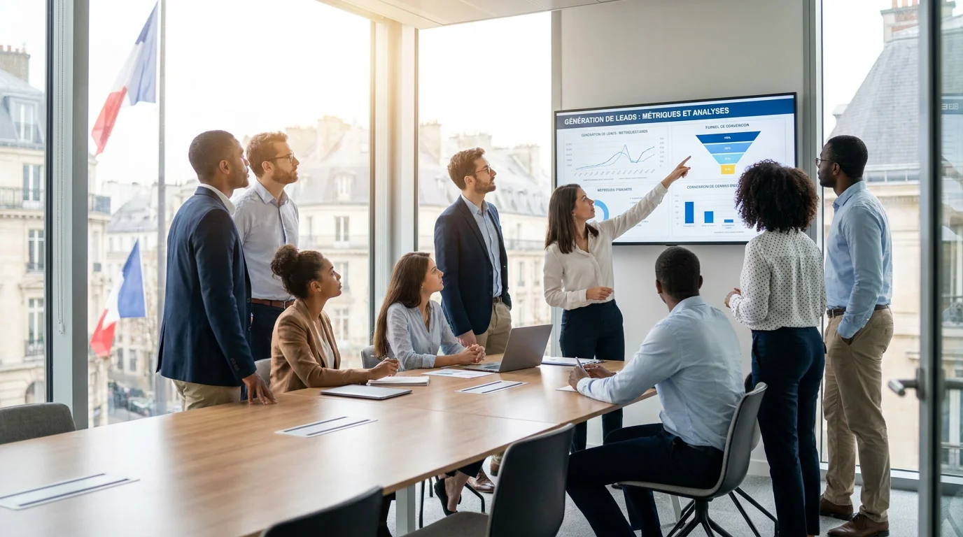 Équipe commerciale européenne analysant des indicateurs de génération de leads sur un tableau de bord digital