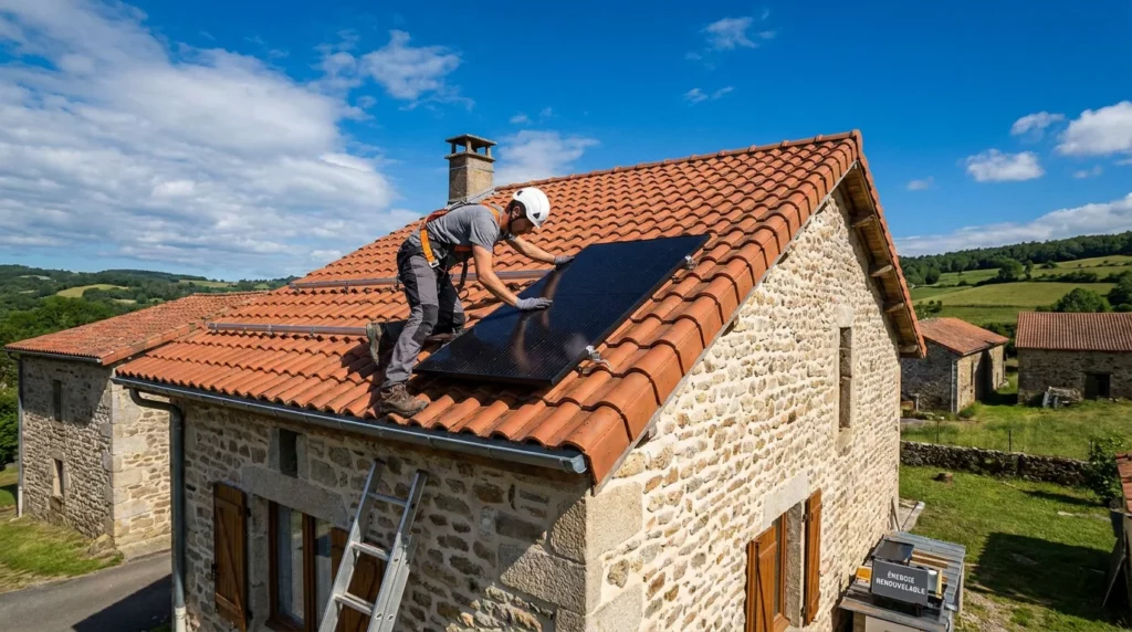 Technicien installant des panneaux solaires sur le toit d'une maison française en 2026