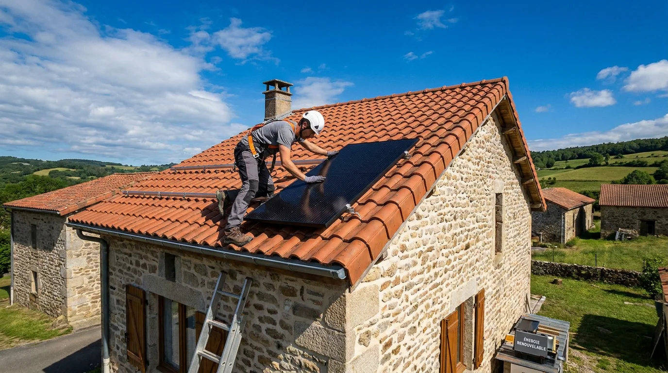 Technicien installant des panneaux solaires sur le toit d'une maison française en 2026