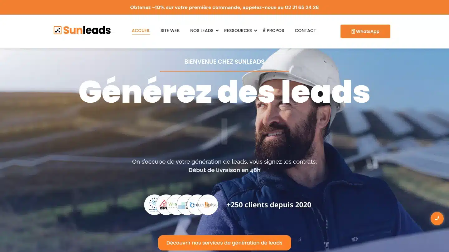 Capture de la page d’accueil de Sunleads
