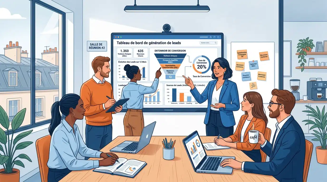 Équipe marketing B2B analysant un tableau de bord de génération de leads