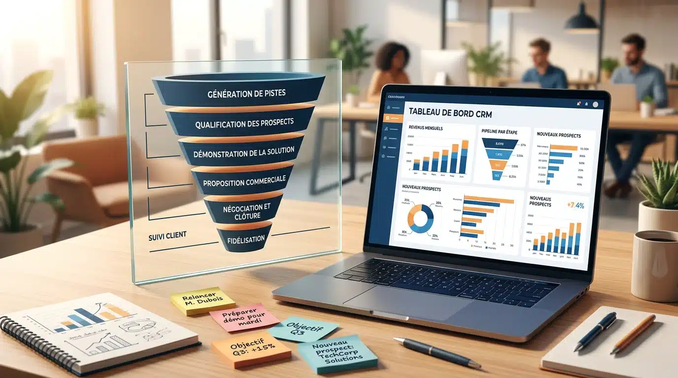 Illustration d'un tunnel de conversion de leads B2B sur un bureau professionnel