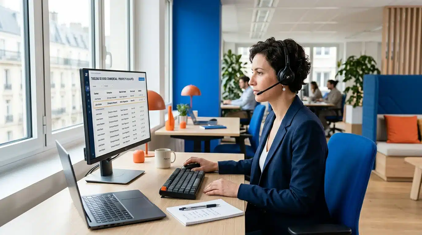 Commercial qualifiant des leads B2B au téléphone dans un bureau moderne