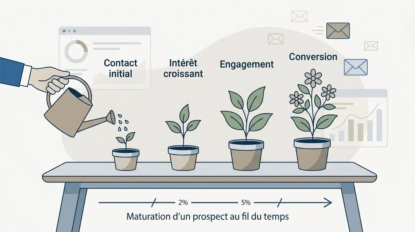 Illustration éditoriale d'un prospect qui mûrit étape par étape comme une plante que l'on arrose