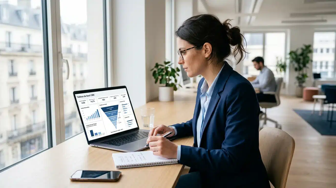 Professionnel du marketing analysant un tableau de bord CRM de suivi des leads qualifiés