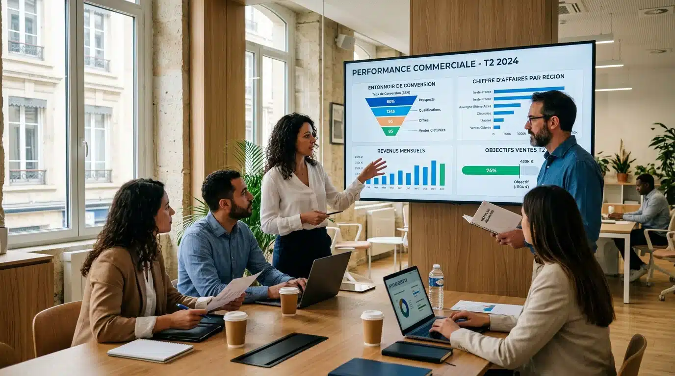 Équipe commerciale analysant un tableau de bord de génération de leads