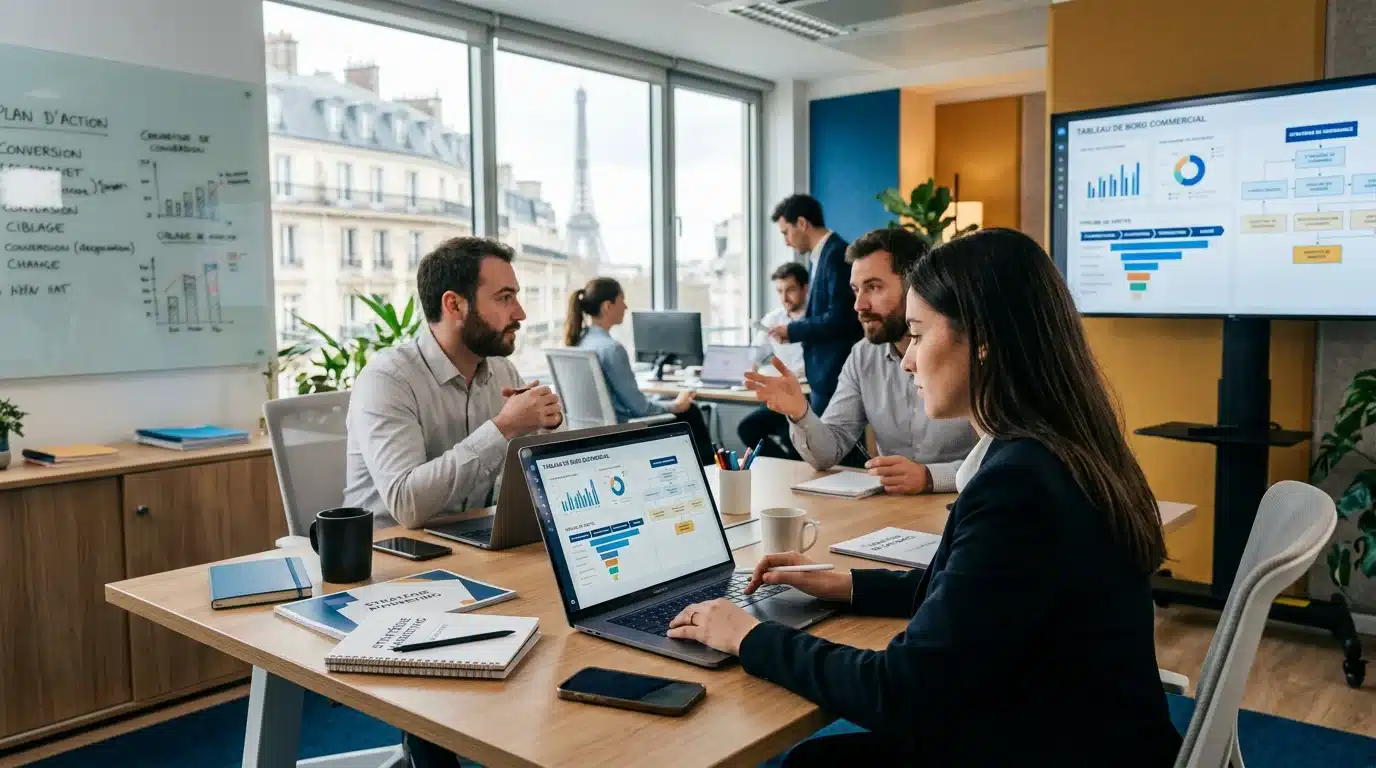 Espace de travail d'une agence digitale B2B avec tableaux de bord d'acquisition