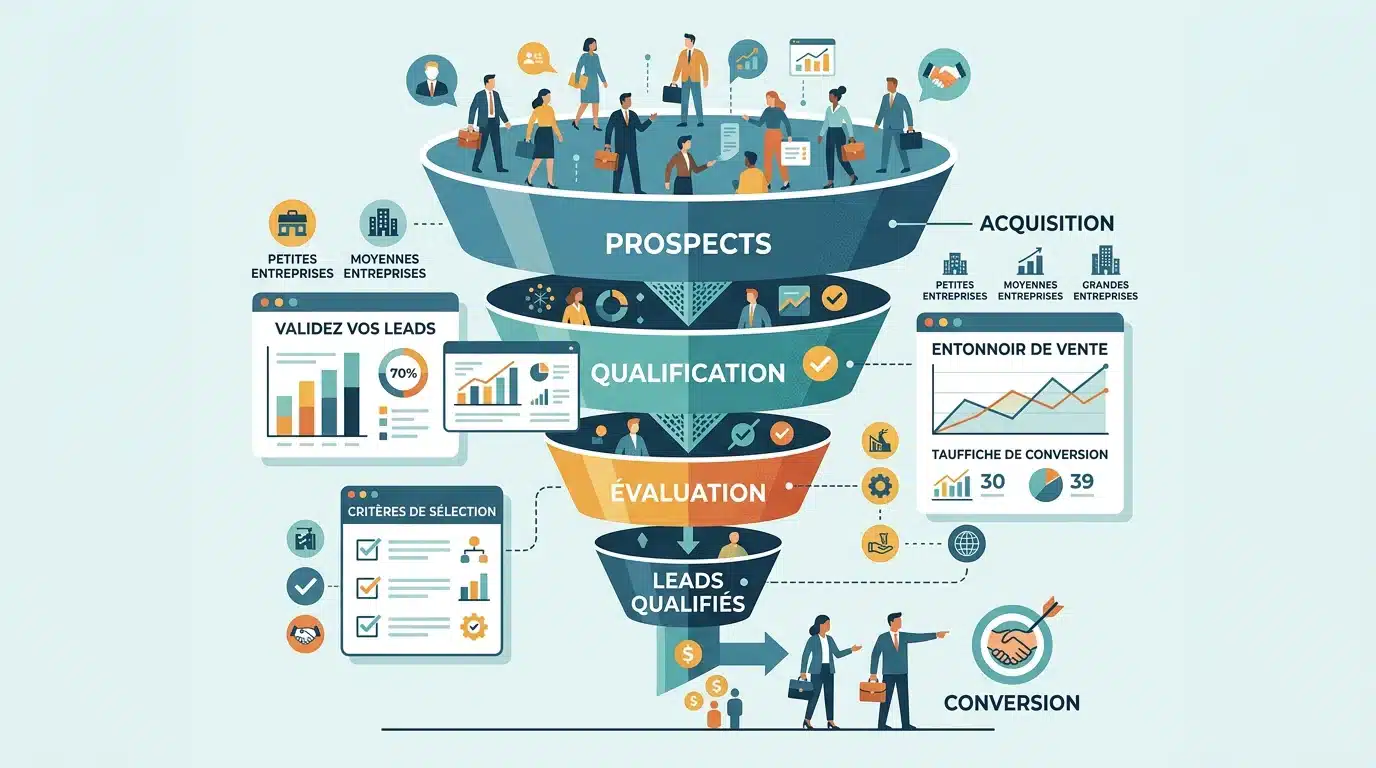 Tunnel de qualification des leads B2B illustré par étapes de filtrage