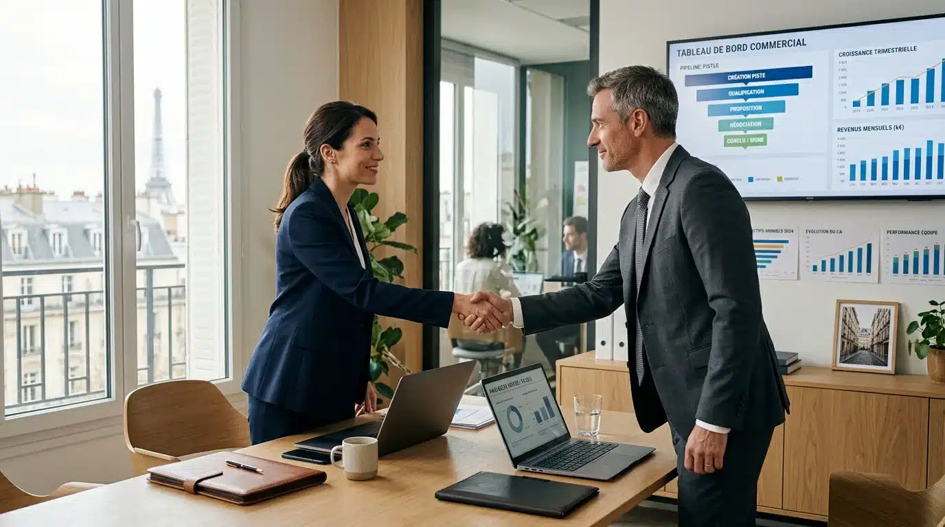 Poignée de main entre une agence marketing B2B et son client en France