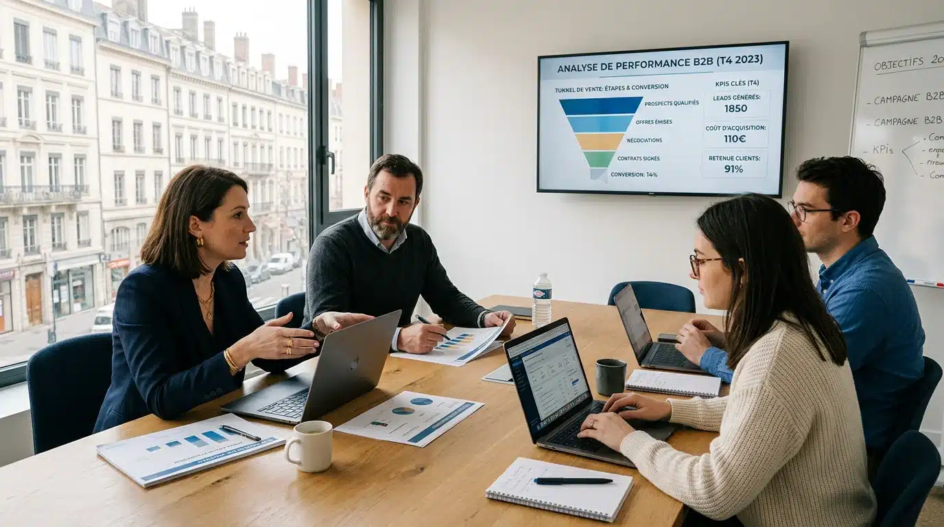Équipe d'une agence marketing B2B analysant un tunnel de conversion