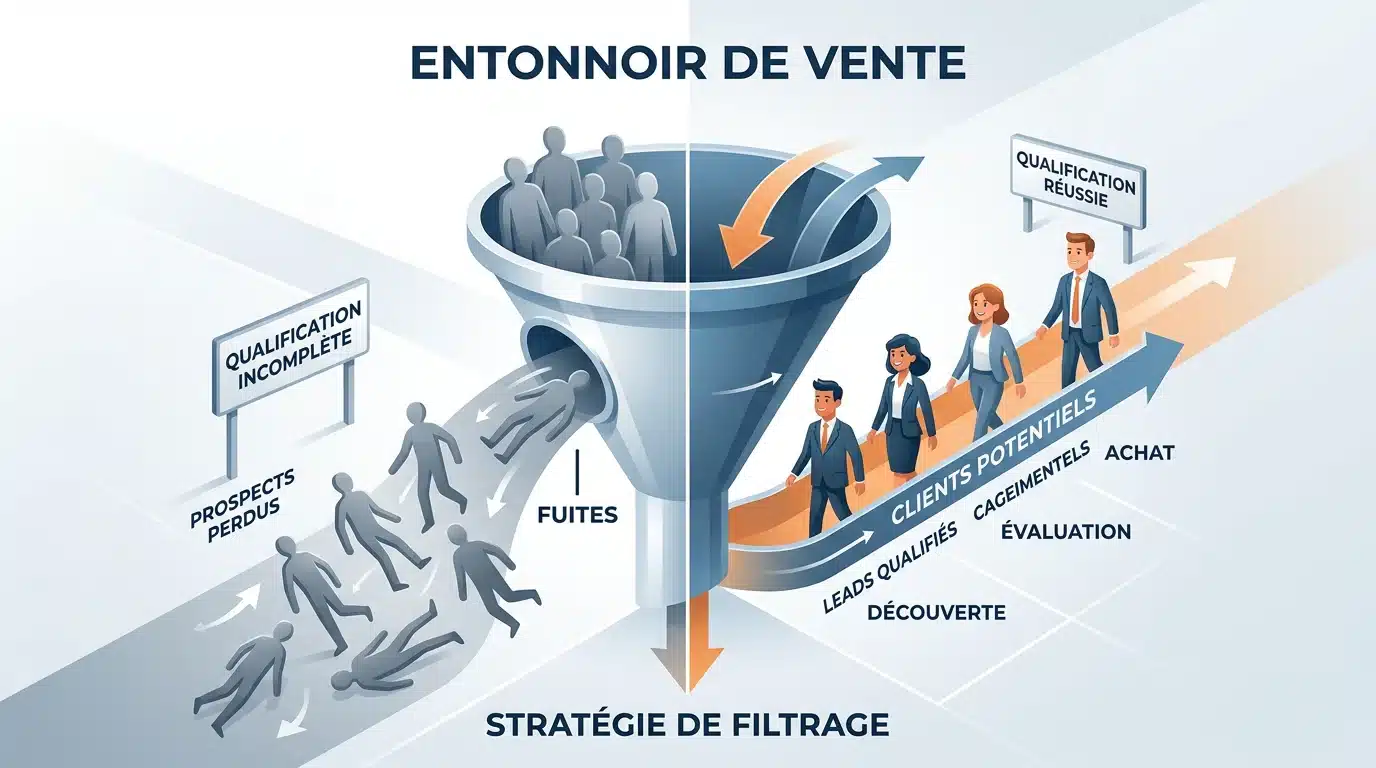 Illustration d'un tunnel de vente séparant les leads non qualifiés des contacts pertinents
